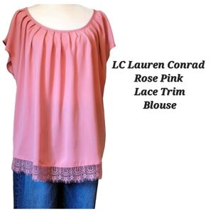 LC Lauren Conrad Rose Pink Lace Trim Short Sleeve Blouse Size XL | Pink Lace Top